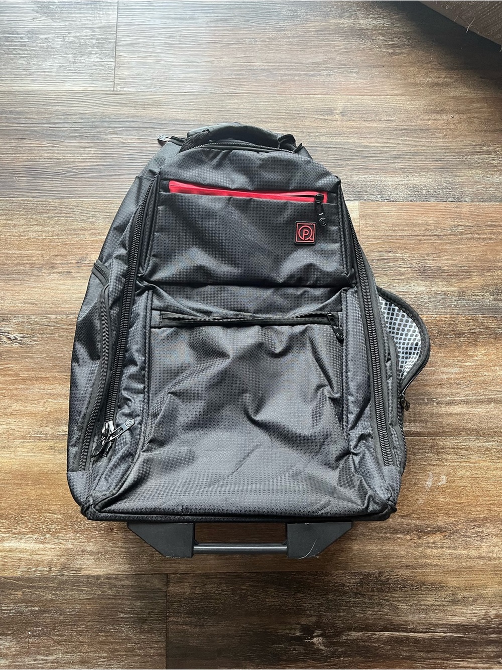 Black Travel Backpack with Red Accent and Trolley Sleeve